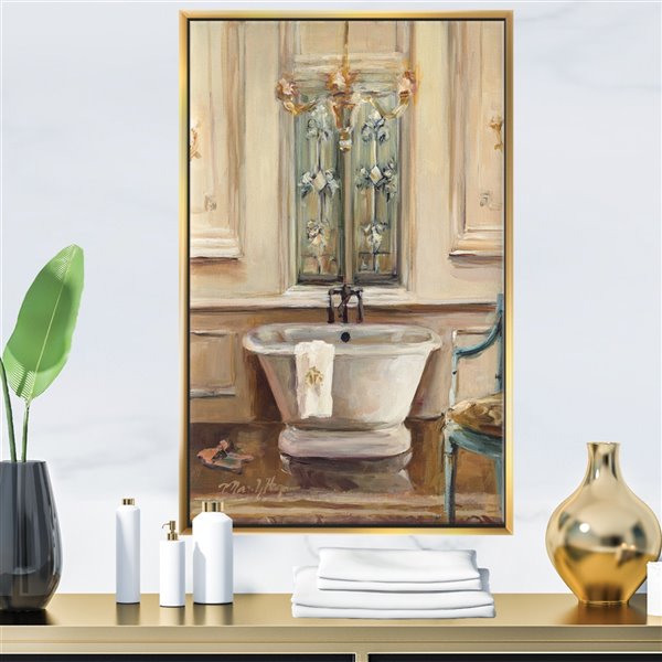 Designart 32-in x 24-in Vintage Paris Bathtub Painting with Gold Wood Framed Wall Panel