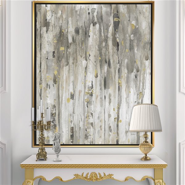 Designart 32-in x 16-in The Modern Grey Forest III with Gold Wood Framed Canvas Wall Panel