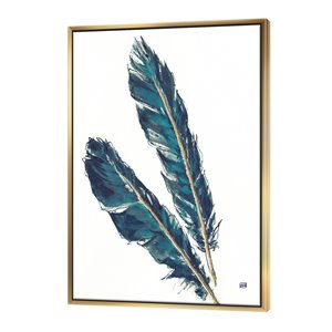 Designart 32-in x 24-in Gold Indigo Feathers III  with Gold Wood Framed Wall Panel