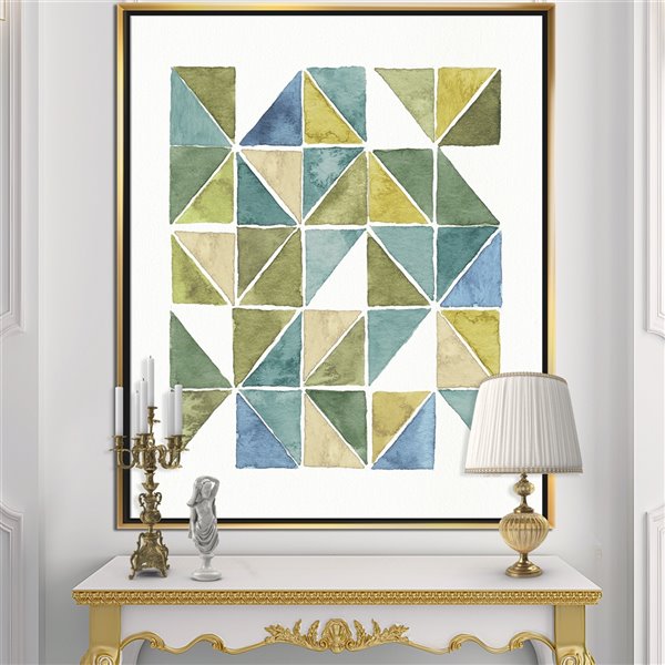 Designart 46-in x 36-in Geometric green Triangle I with Gold Wood Framed Canvas Wall Panel