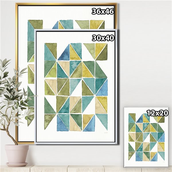 Designart 46-in x 36-in Geometric green Triangle I with Gold Wood Framed Canvas Wall Panel