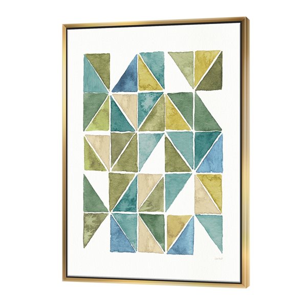 Designart 46-in x 36-in Geometric green Triangle I with Gold Wood Framed Canvas Wall Panel
