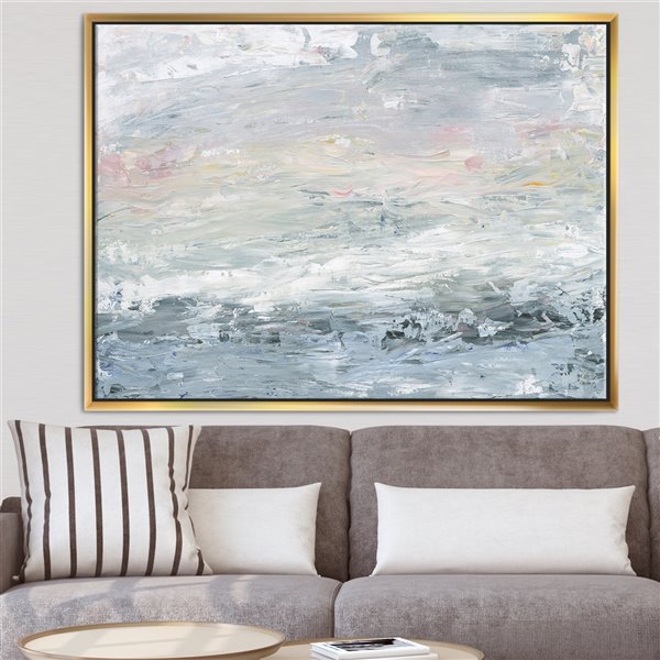 Designart 36-in x 46-in Gray Handpainted Abstract Watercolour II with Gold with Gold Wood Frame
