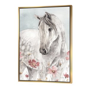 Designart 32-in x 16-in Watercolours Pink Wild Horses II with Gold Wood Framed Canvas Wall Panel