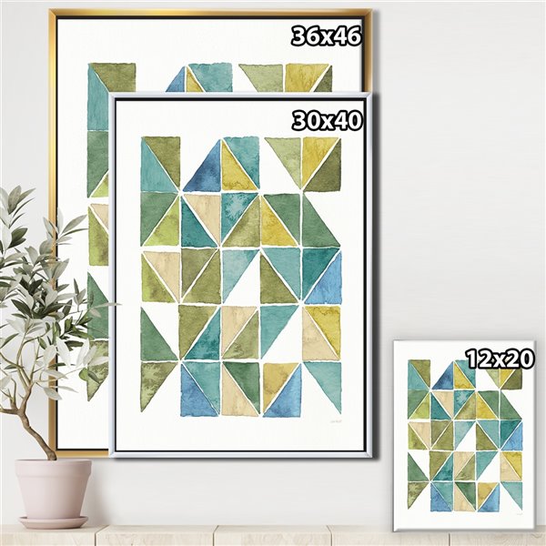 Designart 32-in x 24-in Geometric green Triangle I with Gold Wood Framed Canvas Wall Panel