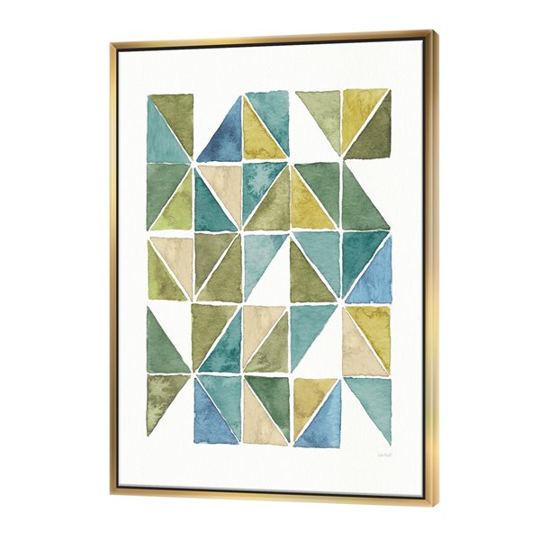 Designart 32-in x 24-in Geometric green Triangle I with Gold Wood Framed Canvas Wall Panel