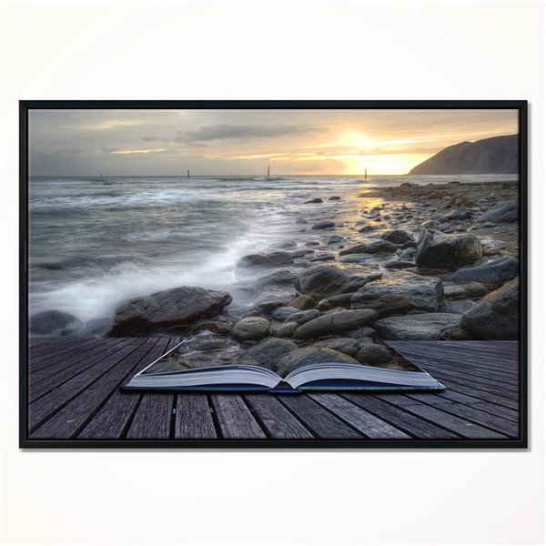 Designart 18-in x 34-in Open Book tot the Evening Sea with Black Wood Framed Canvas Wall Panel