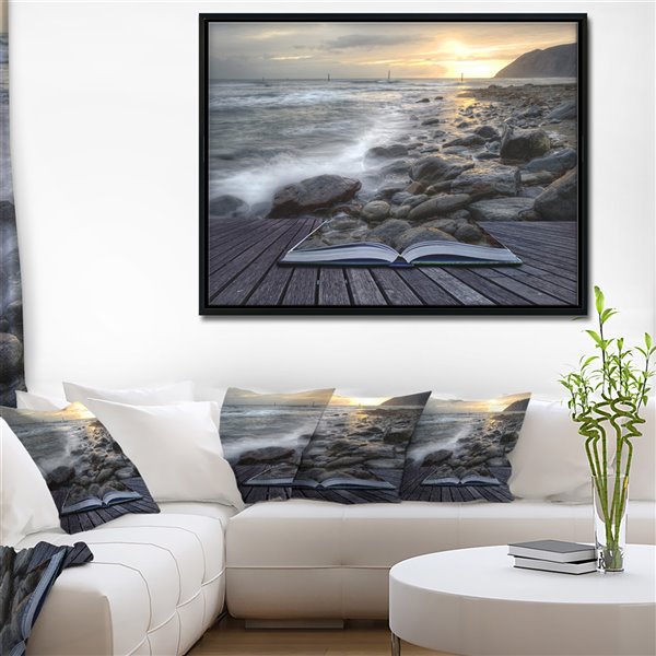 Designart 18-in x 34-in Open Book tot the Evening Sea with Black Wood Framed Canvas Wall Panel