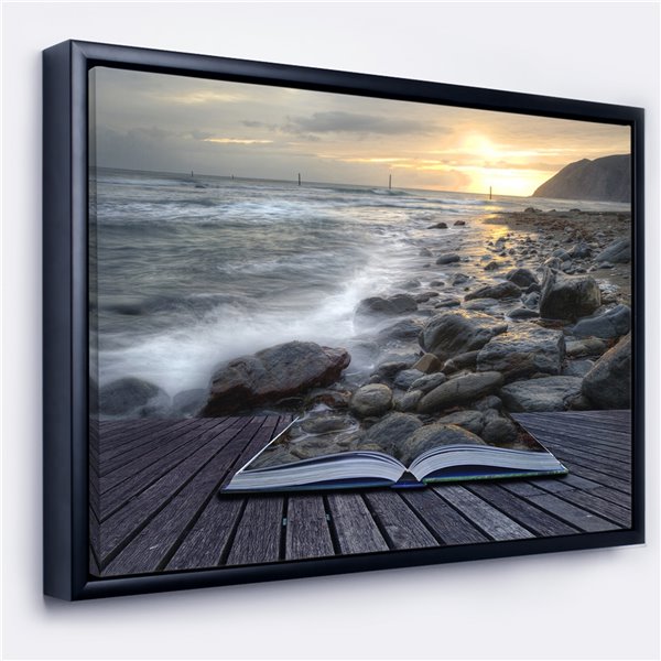 Designart 18-in x 34-in Open Book tot the Evening Sea with Black Wood Framed Canvas Wall Panel