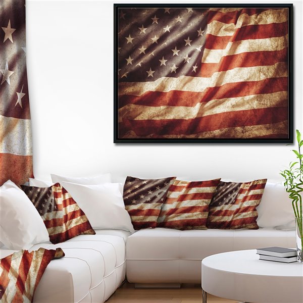 Designart 16-in x 32-in American Flag with Black Wood Framed Canvas Wall Panel