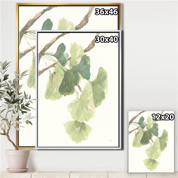 Designart 46-in x 36-in Watercolour Gingko Leaves I with Gold Wood Framed Wall Panel