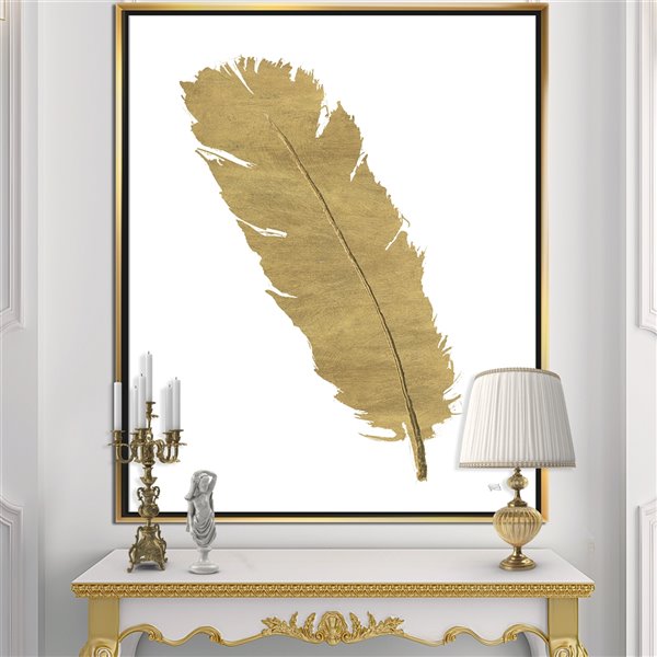 Designart 32-in x 24-in Glam Pure Gold Feather II with Gold Wood Framed Wall Panel