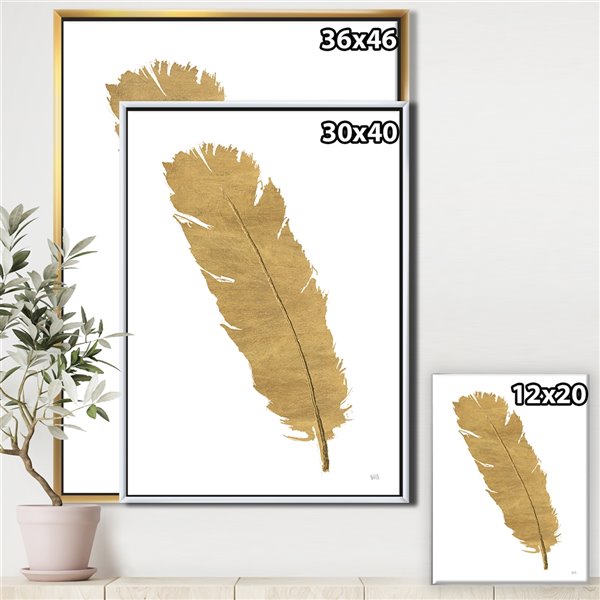 Designart 32-in x 24-in Glam Pure Gold Feather II with Gold Wood Framed Wall Panel