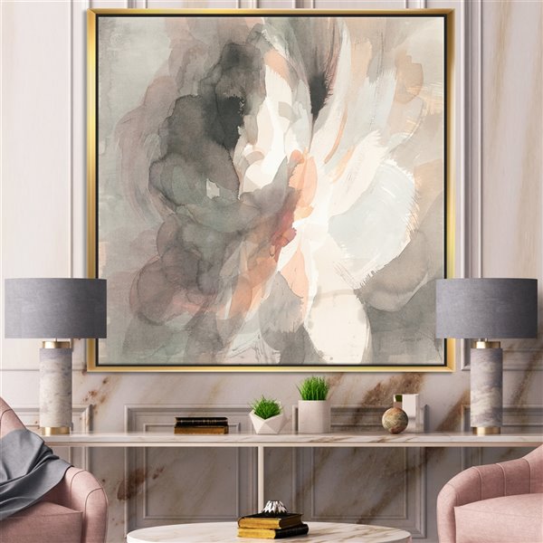 Designart 36-in x 46-in Abstract Peony Grey with Gold with Gold Wood Framed Wall Panel