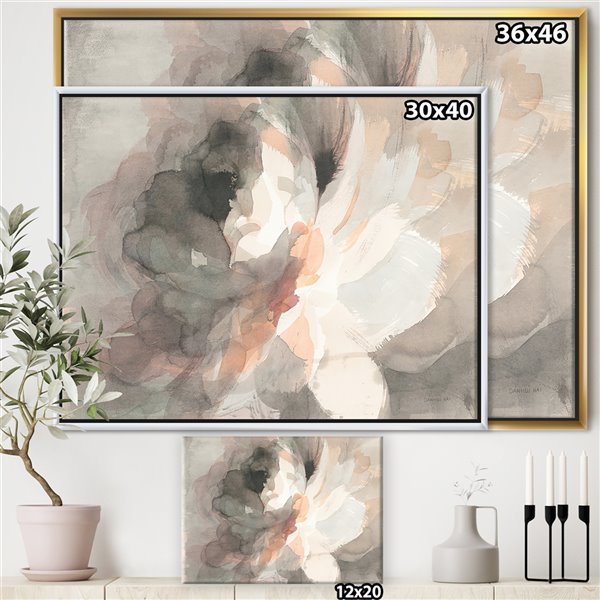 Designart 36-in x 46-in Abstract Peony Grey with Gold with Gold Wood Framed Wall Panel