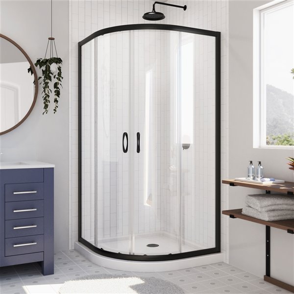 DreamLine Prime White 74.75-in x 36-in x 36-in 2-Piece Round Corner Shower Kit with Satin Black Hardware and Clear Glass