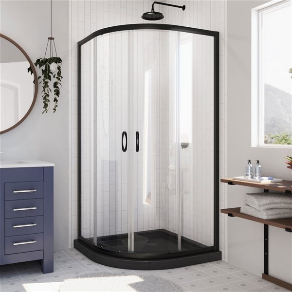 Cabine de douche en coin avec base Prime noire par DreamLine, 74,75 po x 36 po x 36 po, quincaillerie noir satiné et verre c…