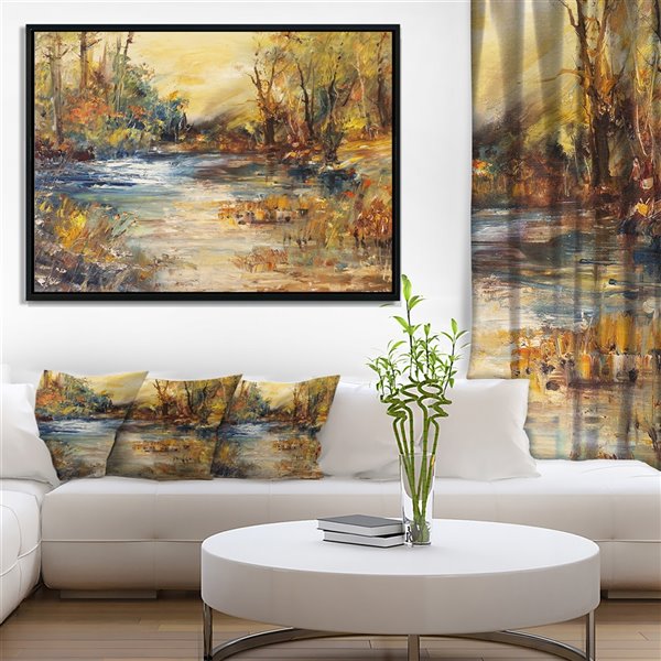 Designart 30-in x 40-in Stream in Forest Oil with Black Wood Framed Canvas Wall Panel