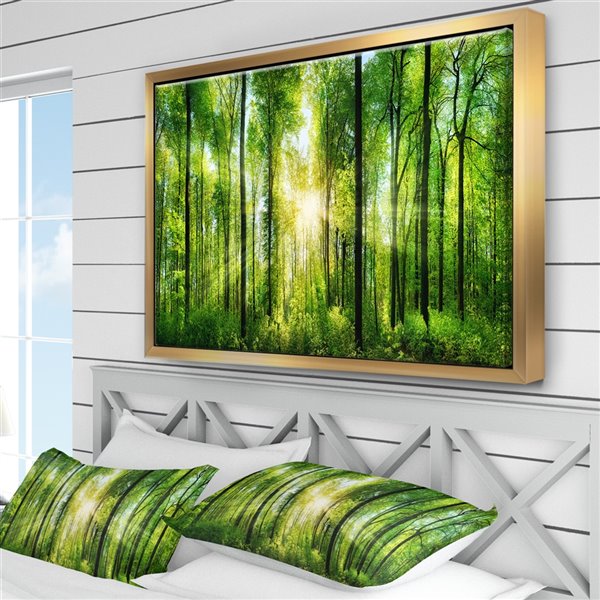 Designart 36-in x 46-in Forest with Rays of Sun Panorama with Gold Wood Framed Canvas Wall Panel