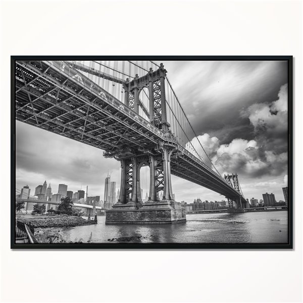 Designart 32-in x 42-in Manhattan Bridge in Grey Shade Canvas Print with Black Wood Frame
