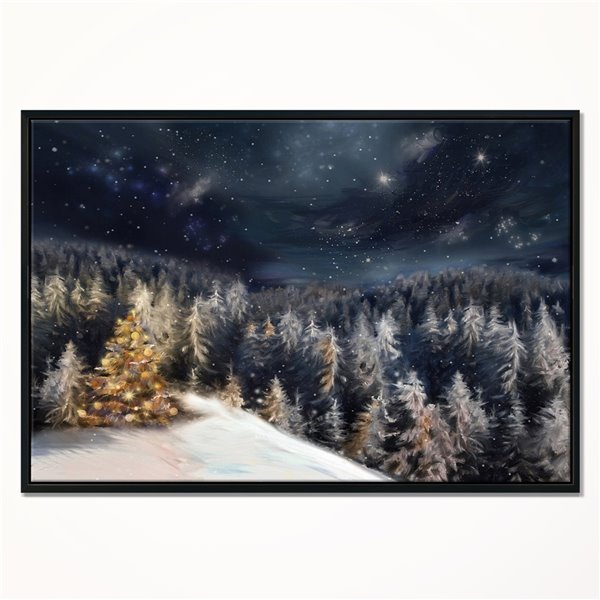 Designart 16-in x 32-in Night Forest Christmas Tree with Black Wood Framed Canvas Wall Panel