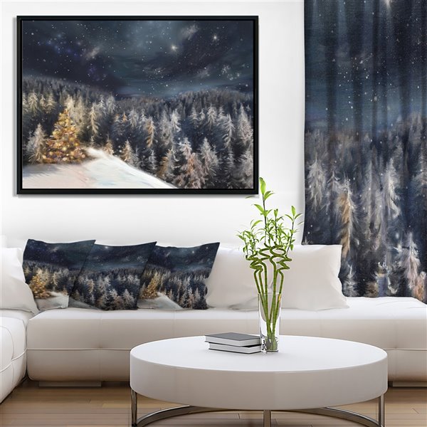 Designart 16-in x 32-in Night Forest Christmas Tree with Black Wood Framed Canvas Wall Panel