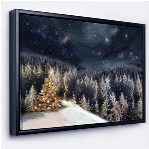 Designart 16-in x 32-in Night Forest Christmas Tree with Black Wood Framed Canvas Wall Panel