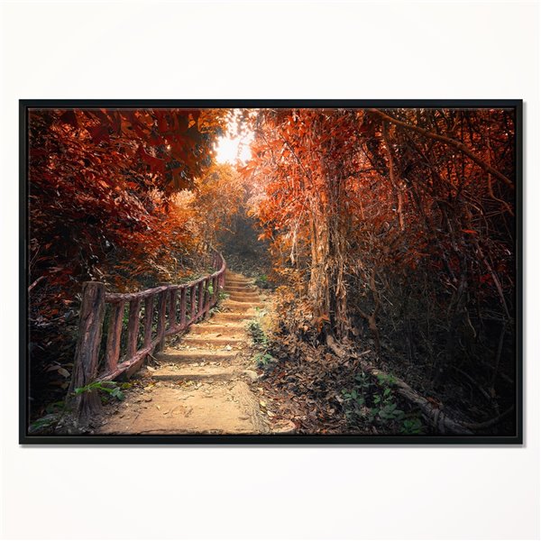 Designart 16-in x 32-in Stairway Through Red Fall Forest with Black Wood Framed Canvas Print