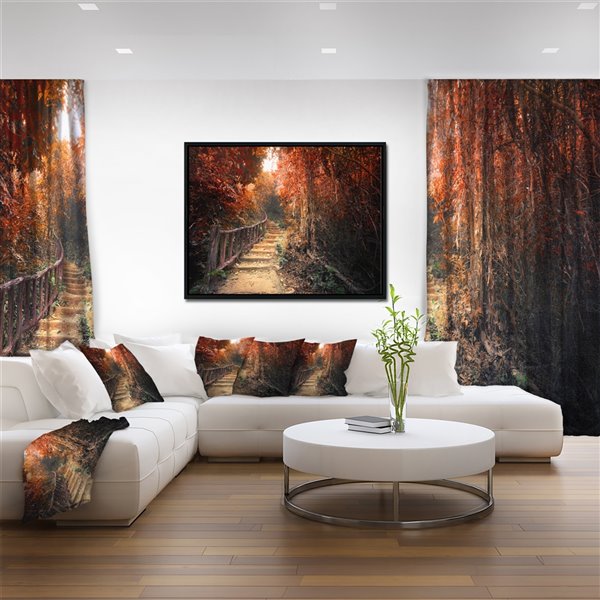 Designart 16-in x 32-in Stairway Through Red Fall Forest with Black Wood Framed Canvas Print