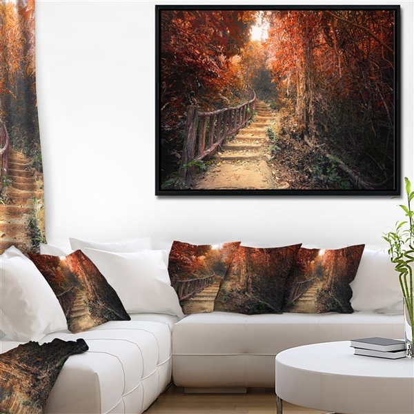 Designart 16-in x 32-in Stairway Through Red Fall Forest with Black Wood Framed Canvas Print