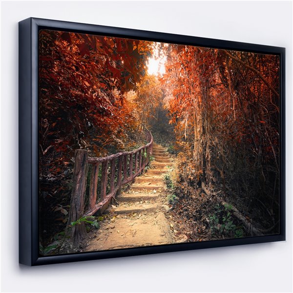 Designart 16-in x 32-in Stairway Through Red Fall Forest with Black Wood Framed Canvas Print