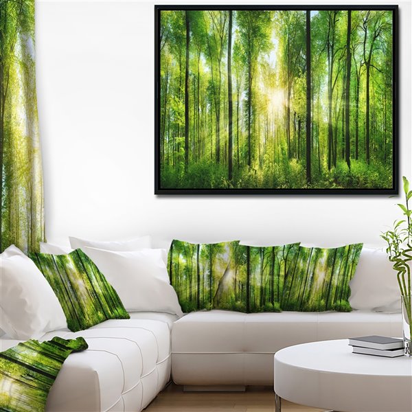 Designart 28-in x 60-in Forest with Rays of Sun Panorama with Black Wood Framed Canvas Wall Panel