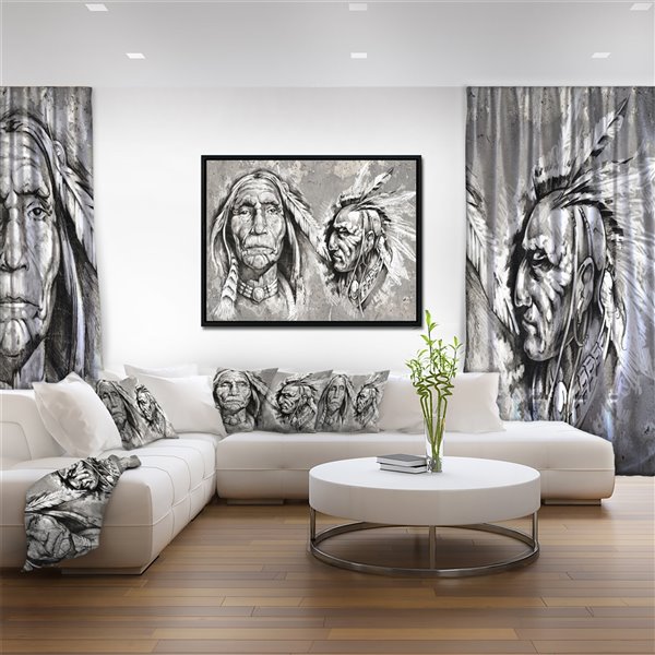 Designart 18-in x 34-in Native American Indian Heads Canvas Wall Panel with Black Wood Frame