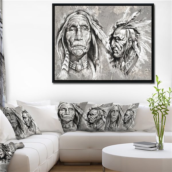 Designart 18-in x 34-in Native American Indian Heads Canvas Wall Panel with Black Wood Frame