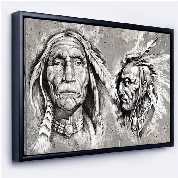 Designart 18-in x 34-in Native American Indian Heads Canvas Wall Panel with Black Wood Frame