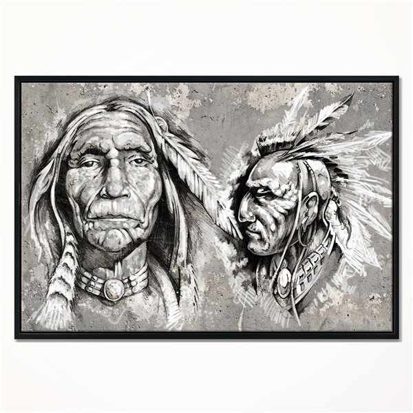 Designart 32-in x 42-in Native American Indian Heads Canvas Wall Panel with Black Wood Frame