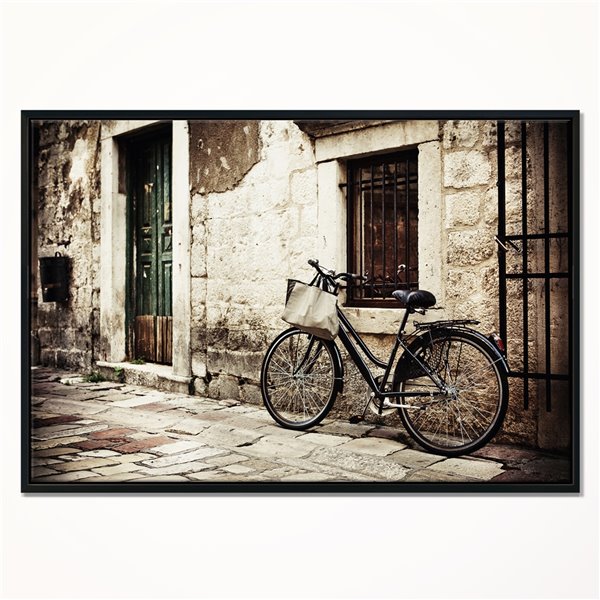 Designart 16-in x 32-in Bicycle with Shopping Bag Canvas Wall Panel with Black Wood Frame