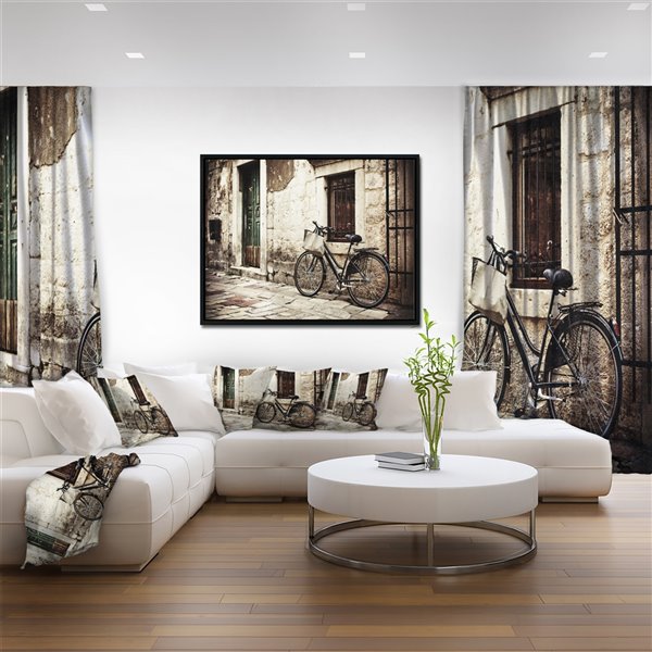 Designart 16-in x 32-in Bicycle with Shopping Bag Canvas Wall Panel with Black Wood Frame