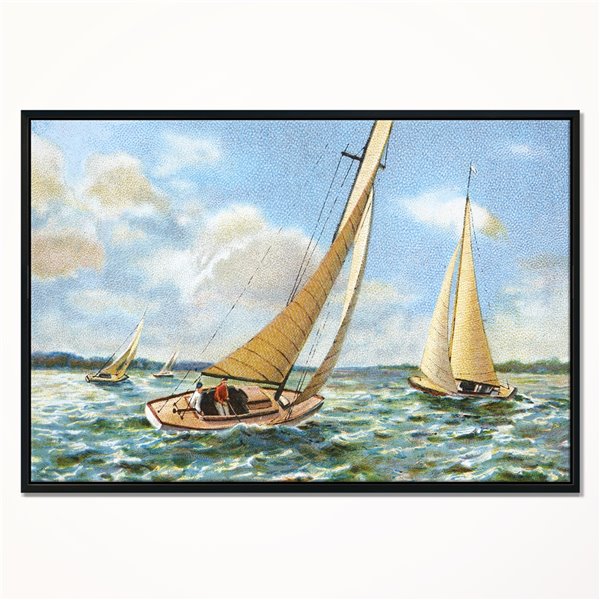 Designart 14-in x 22-in Vintage Boats Sailing with Black Wood Framed Wall Panel