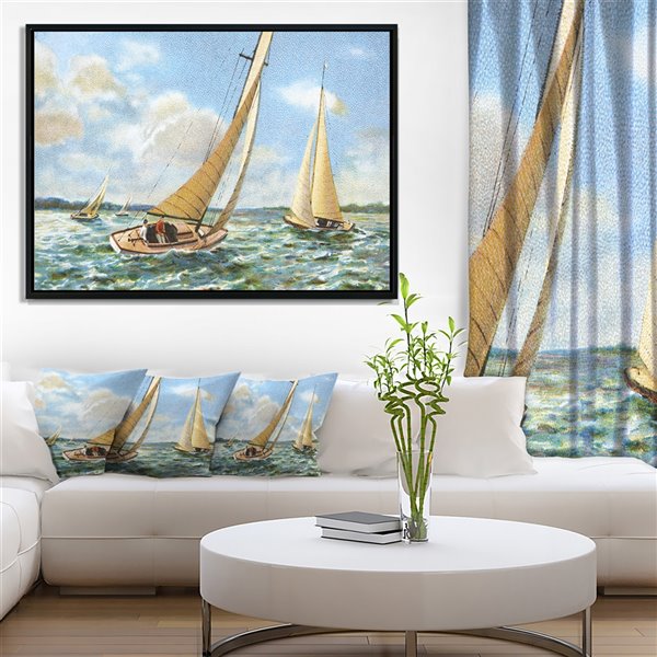 Designart 14-in x 22-in Vintage Boats Sailing with Black Wood Framed Wall Panel