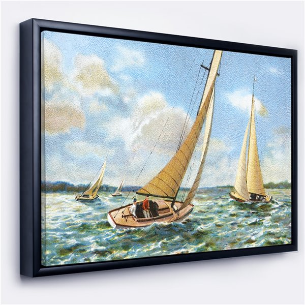 Designart 14-in x 22-in Vintage Boats Sailing with Black Wood Framed Wall Panel