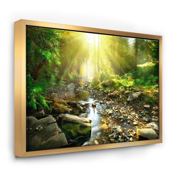 Designart 30-in x 40-in Mountain Stream in Forest Canvas Print with Gold Wood Frame