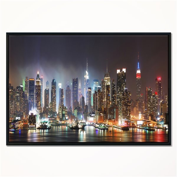 Designart 30-in x 40-in Lit NYC Manhattan Skyline with Black Wood Framed Canvas Wall Panel
