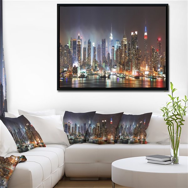 Designart 30-in x 40-in Lit NYC Manhattan Skyline with Black Wood Framed Canvas Wall Panel