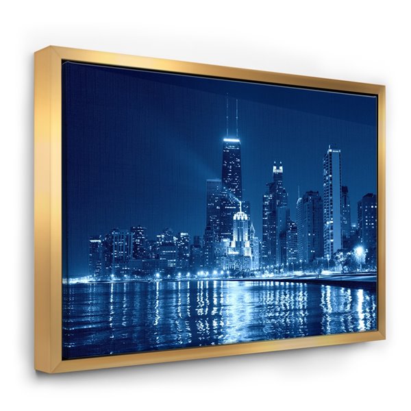 Designart 16-in x 32-in Blue Chicago Skyline Night with Gold Wood ...