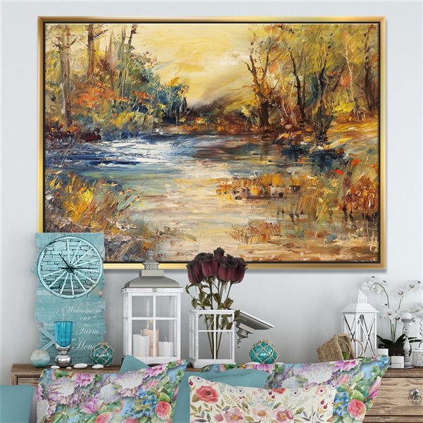 Designart 12-in x 20-in Stream in Forest Oil with Gold Wood Framed Canvas Wall Panel