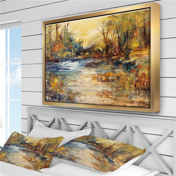 Designart 12-in x 20-in Stream in Forest Oil with Gold Wood Framed Canvas Wall Panel