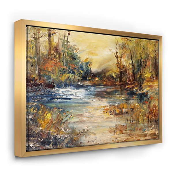 Designart 12-in x 20-in Stream in Forest Oil with Gold Wood Framed Canvas Wall Panel