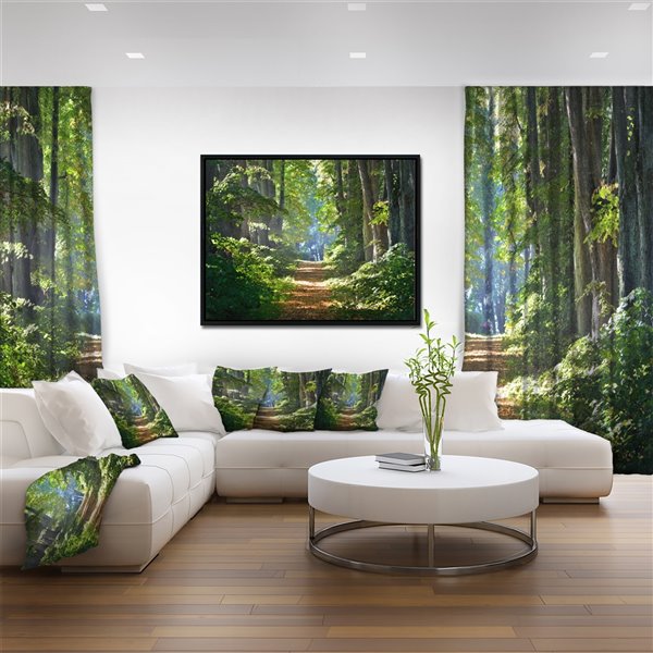 DesignArt 32-in x 42-in Bright Green Forest in Morning with Black Wood ...