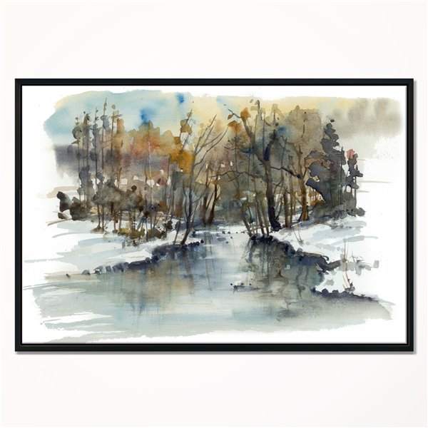 Designart 14-in x 22-in River in Woods Watercolour with Black Wood Framed Canvas Wall Panel